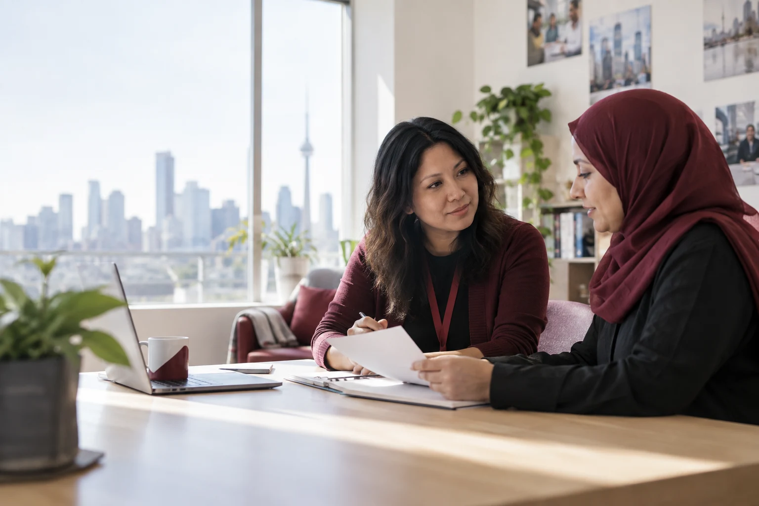 Agency worker in conversation with a newcomer